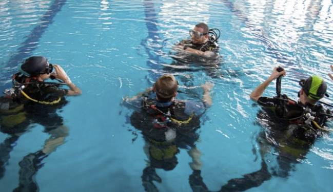 Clases de buceo en la piscina.