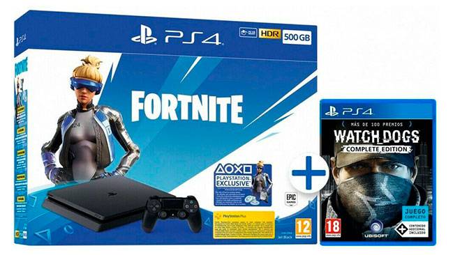 Pack de consola PS4, voucher Fornite y videojuego Watch Dogs