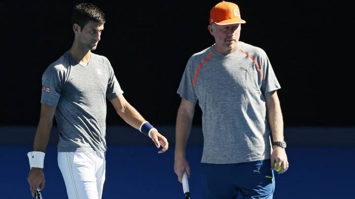 Novak Djokovic y Boris Becker, durante una sesión de entrenamiento del abierto de Australia en Melbourne (Australia).