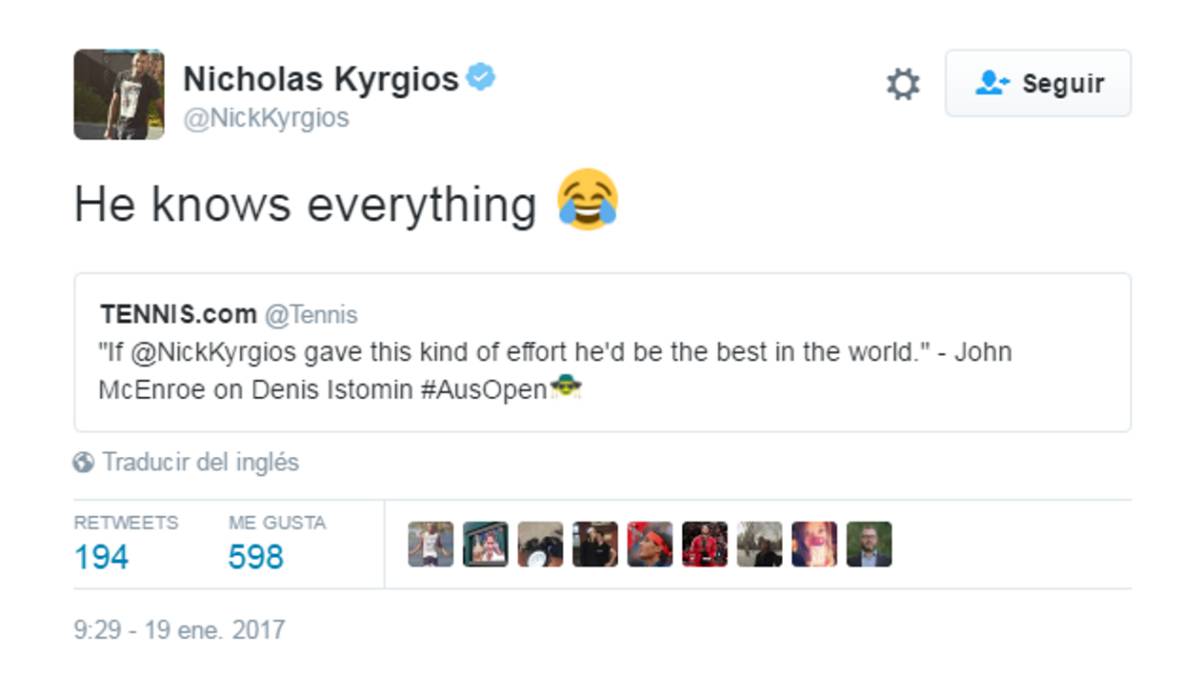 Kyrgios se burla de la crítica de McEnroe: "Lo sabe todo"
