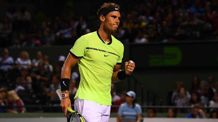 Rafael Nadal celebra un punto ante Jack Sock durante el partido de cuartos de final del Masters 1.000 de Miami.