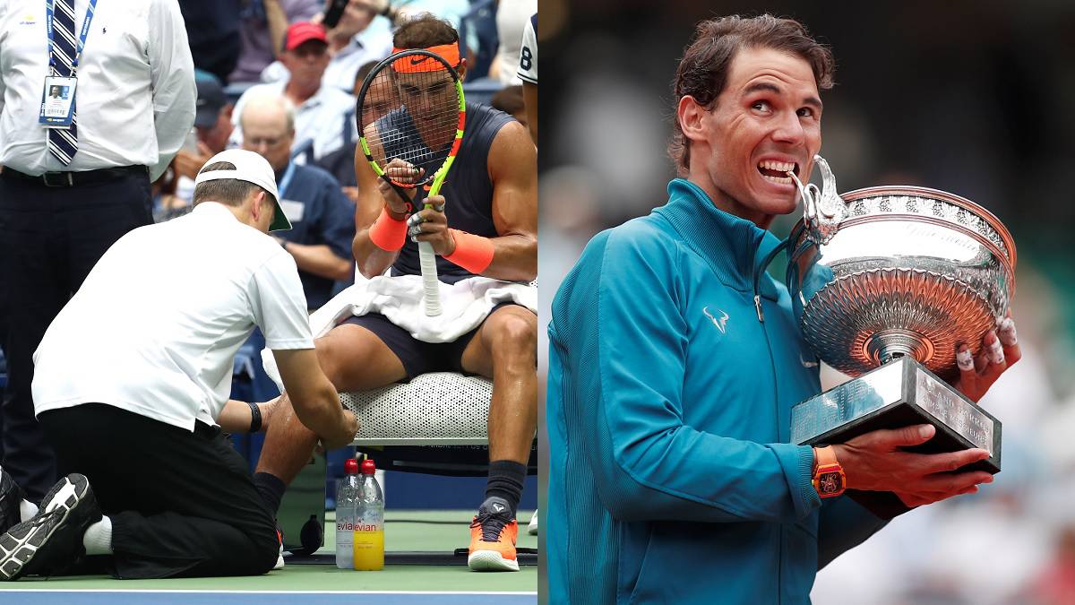 Rafa Nadal, atendido durante las semifinales del US Open 2018 y con el título de Roland Garros de este año.