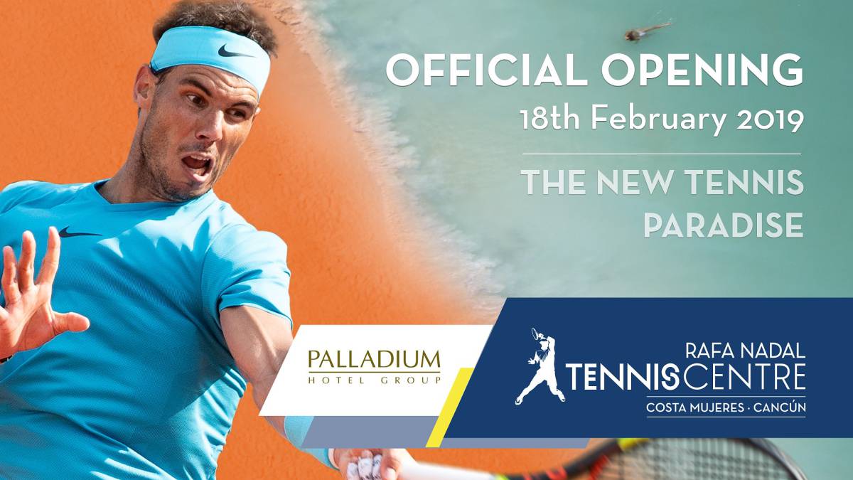 Cartel promocional de la inauguración del Rafa Nadal Tennis Centre en Costa Mujeres - Cacún, México.