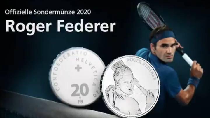 Imagen de la moneda de la Fábrica Nacional de Moneda de Suiza con la efigie de Roger Federer.