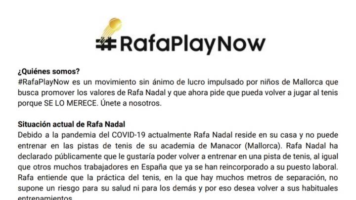 Los niños de Mallorca piden al Gobierno que deje entrenar a Nadal