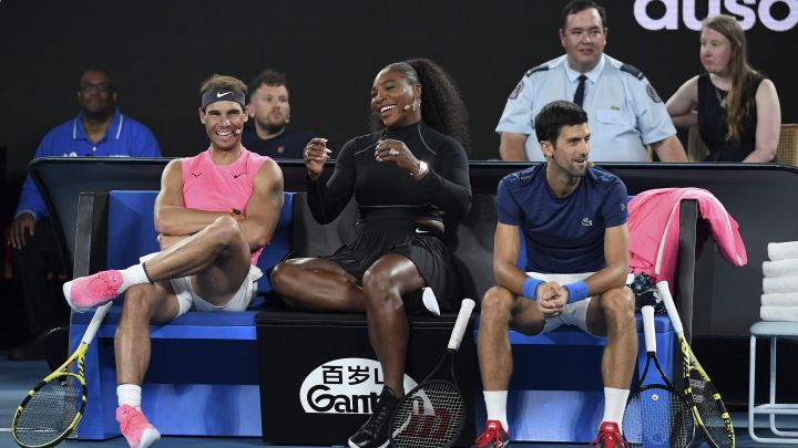 Serena Williams, Rafa Nadal y Novak Djokovic, en un partido de exhibición antes del Open de Australia 2020.
