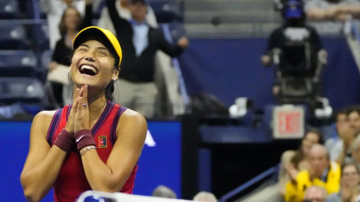 Sep 9, 2021; Flushing, NY, USA; Emma Raducanu of Great Britain celebrates after her match against Maria Sakkari of Greece (not pictured) on day eleven of the 2021 U.S. Open tennis tournament at USTA Billie Jean King National Tennis Center. Mandatory Credit: Robert Deutsch-USA TODAY Sports