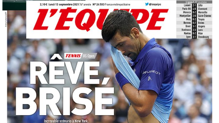 Portada de L'Équipe del 13 de septiembre de 2021 con la derrota de Novak Djokovic en la final del US Open.