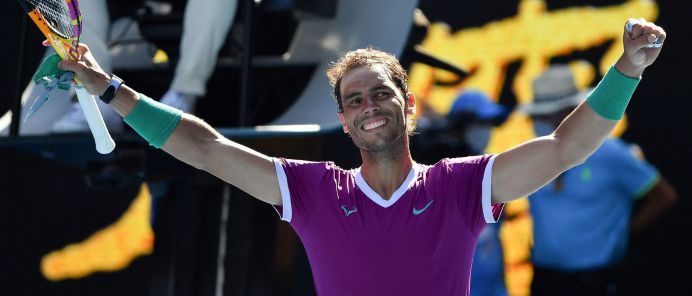 Spain's Rafael Nadal reacts after winning against France's Adrian Mannarino during their men's singles match on day seven of the Australian Open tennis tournament in Melbourne on January 23, 2022. (Photo by Paul Crock / AFP) / -- IMAGE RESTRICTED TO EDITORIAL USE - STRICTLY NO COMMERCIAL USE --