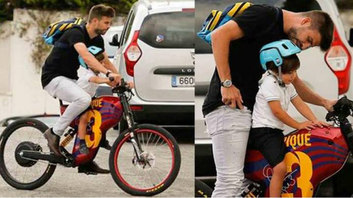 Piqué busca a su hijo Milan en la escuela con la bicicleta más culé
