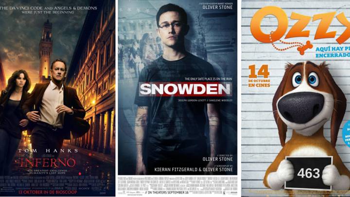 Carteles de películas: Inferno, Snowden y Ozzy.