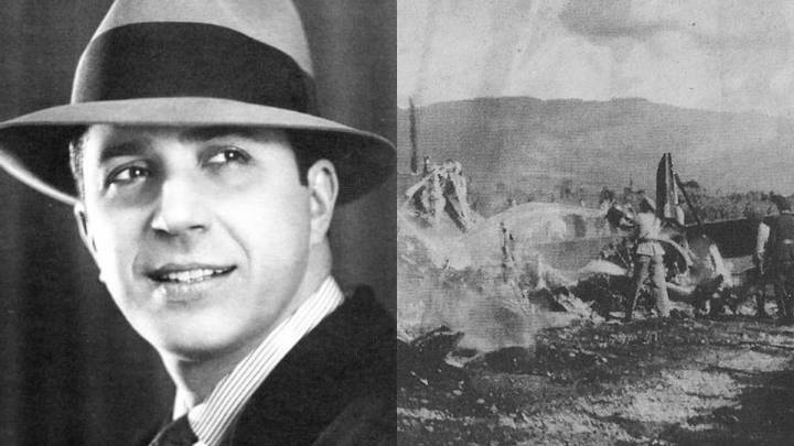 Retrato de Carlos Gardel y del accidente en el que perdió la vida.