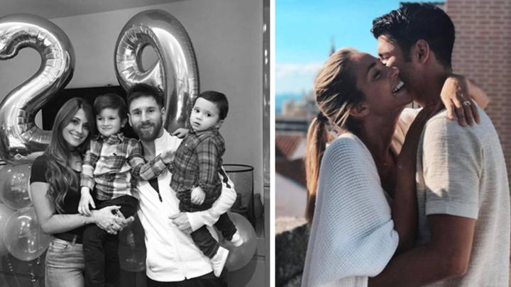 Lionel Messi con Antonella Rocuzzo y sus hijos y Álvaro Morata abrazado a Alice Campello. Fotos Instagram