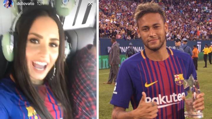 Imágenes de Demi Lovato viajando al MetLife Stadium a ver el Barcelona - Juventus y de Neymar al final del encuentro. Fotos Instagram