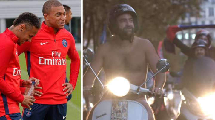 Imágenes de Neymar y Mbappé en un entrenamiento del PSG y de Jonathan, un aficionado del club parisino cumpliendo su apuesta: bajar los Campos-Eliseos de París desnudo con su moto si se cumplían sus fichajes. Fotos Instagram/Youtube