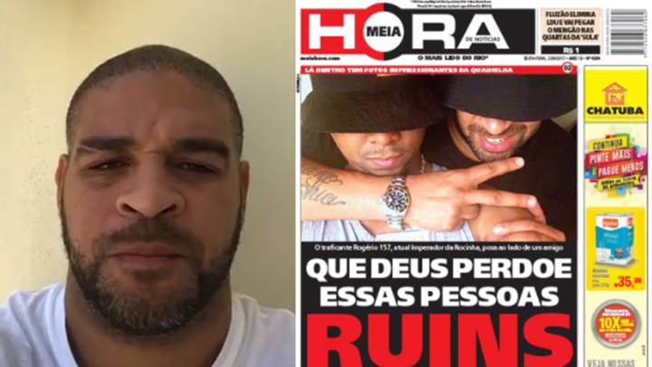 El exfutbolista brasileño Adriano Leite Ribeiro en un vídeo de Instagram y en la portada en la que aparece con el narcotraficante Rogério Avelino da Silva, "Rogério 157". Fotos Instagram/Facebook