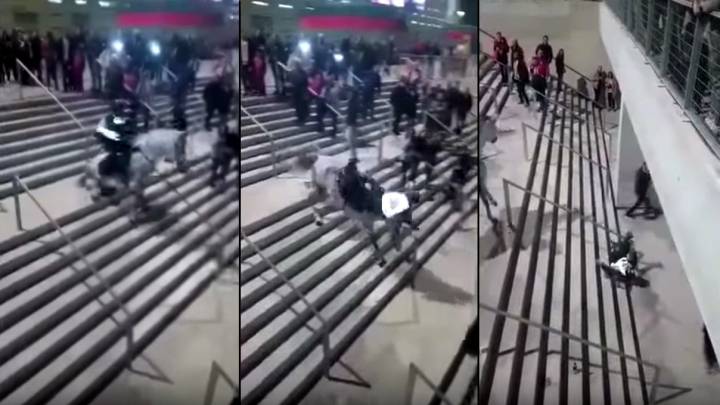 La dura caída de un policía a caballo en el derbi madrileño del Wanda