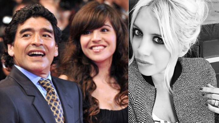 Imágenes de Maradona con su hija Giannina y de Wanda Nara, la mujer y representante del delantero argentino Mauro Icardi. Fotos Twitter/Instagram
