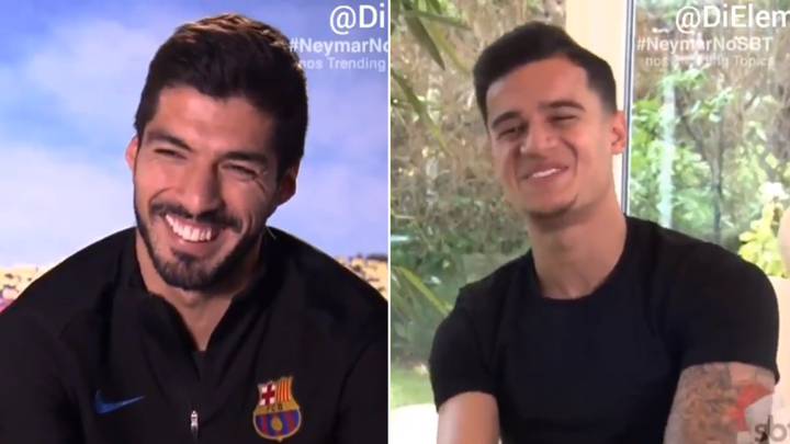 Imágenes de los futbolistas Luis Suárez y Phillippe Coutinho en el amigo invisible que ha organizado la Fundación de Neymar, Instituto Projecto Neymar Jr. Capturas Twitter