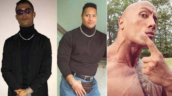 Imágenes de Cristiano Ronaldo y de Dwayne Johnson "La Roca" con un estilismo parecido y otra actual del exluchador y actor estaounidense. Fotos Twitter/Instagram