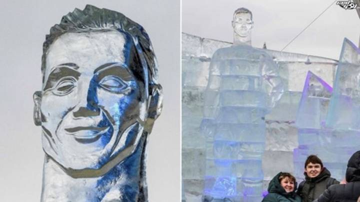 Cristiano Ronaldo: la criticada estatua de hielo del jugador del Real Madrid. Foto: redes sociales