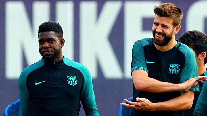 Umtiti y Piqué, en un entrenamiento del FC Barcelona