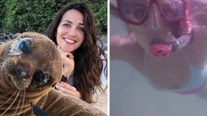 Irene Junquera con un león marino y buceando en las Islas Galapágos. Fotos Instagram @irenejunquera