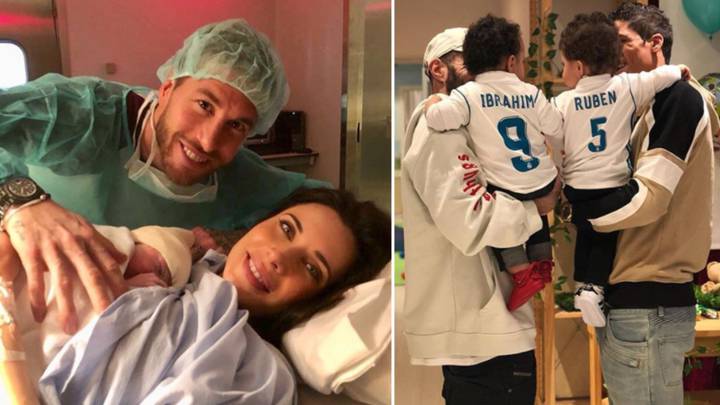 Imágenes de Sergio Ramos con Pilar Rubio en el hospital tras el nacimiento de su tercer hijo, Alejandro, y de Karin Benzema y Raphael Varane con sus dos hijos en brazos vestidos con una camiseta del Real Madrid con sus nombres, Ibrahim y Rubén. Fotos Instagram