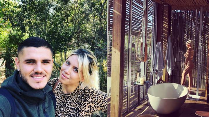 Imágenes de Mauro Icardi con Wanda Nara durante sus vacaciones de verano en África y de Wanda Nara duchándose en el hotel. Fotos Instagram @mauroicardi