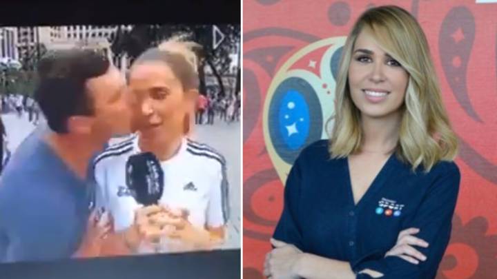 La periodista de Mediaset María Gómez en el momento en el que fue acosada por un aficionado durante una retransmisión del Mundial y en una imagen promocional de esta cobertura. Fotos Twitter