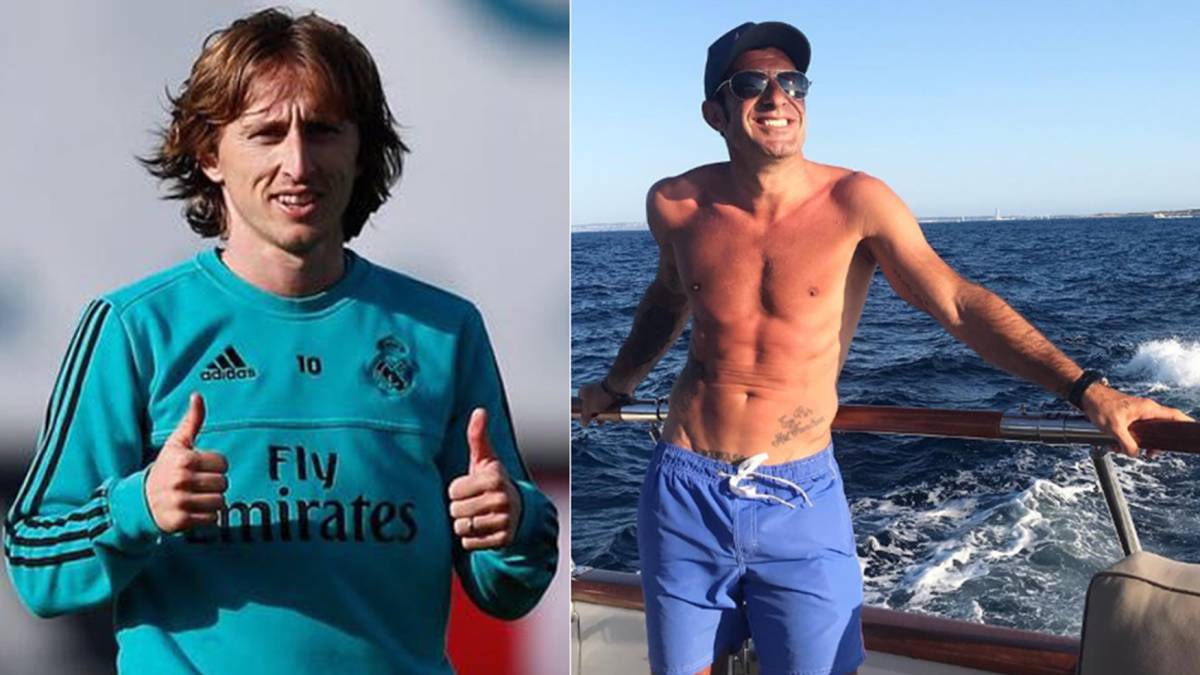 Imágenes de Luka Modric haciendo ok con sus manos durante un entrenamiento con el Real Madrid y de Luis Figo en bañador en un barco en sus vacaciones de verano. Fotos Instagram