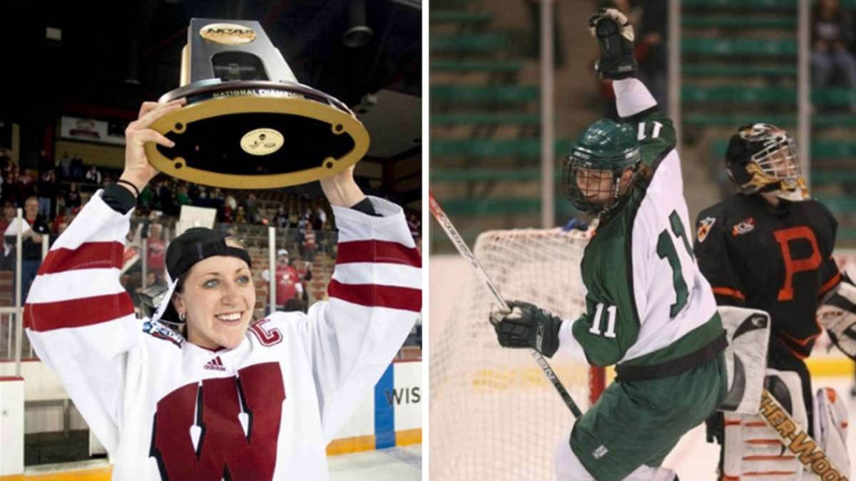 La estadounidense Meghan Duggan y la canadiense Gillian Apps jugando al hockey sobre hielo. Fotos Facebook