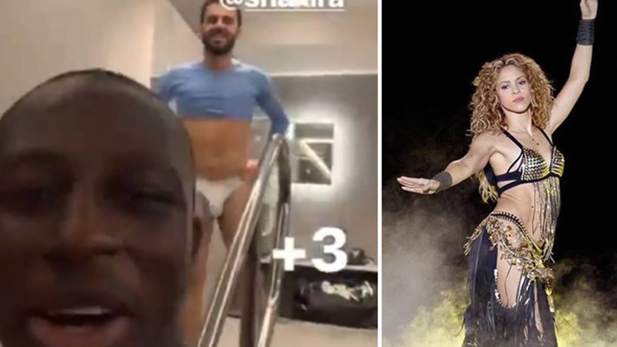 Imágenes de Benjamin Mendy con Bernardo Silva de fondo bailando la danza del vientre tras la victoria del City ante el Burnley en 2018/2019 y de Shakira bailando en un concierto. Foto Twitter/Instagram