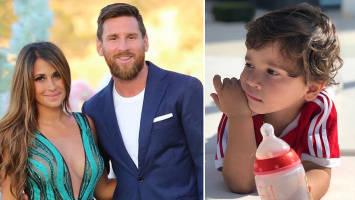 Imágenes de Antonella Roccuzzo y Lionel Messi en la boda de Cesc Fàbregas y de Daniella Semaan y de su hijo mediano, Mateo, tumbado en el suelo con un biberón en la mano. Fotos Instagram @antoroccuzzo88