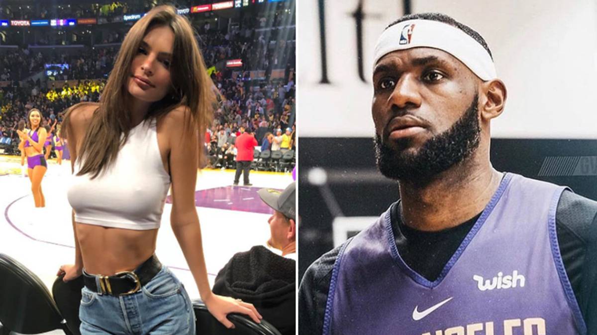 Imágenes de Emily Ratajkowski durante un partido de Los Ángeles Lakers en el Staples Center y de Lebron James con los colores de este equipo.