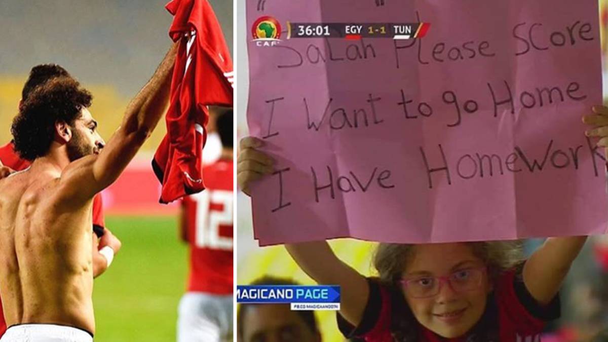 Imágenes de Mohamed Salah celebrando el gol de la victoria de Egipto ante Túnez en el partido de clasificación de la Copa África del 16 de noviembre y de una niña con una pancarta en la que le pide que marque gol pronto porque tiene deberes. Fotos Twitter