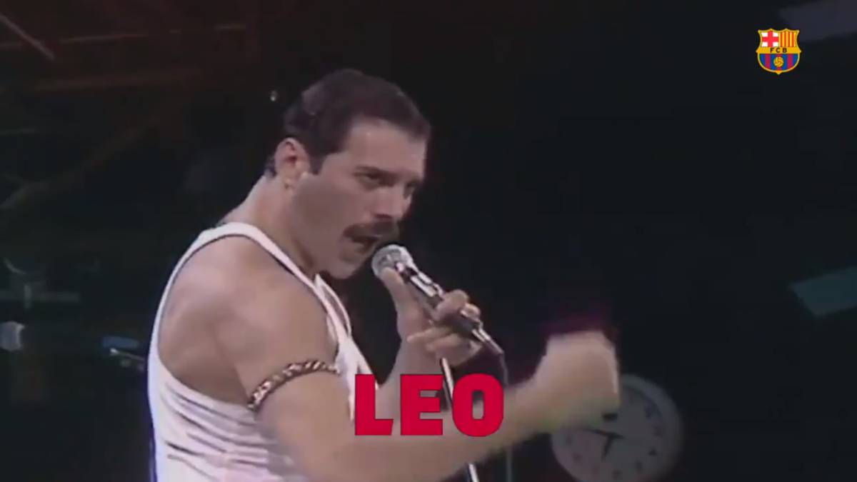 Captura del vídeo montaje del FC Barcelona en el que aparece Freddie Mercury gritando "Leo" durante el memorable concierto de Queen en Wembley en 1985. Captura Twitter @FCBarcelona_es