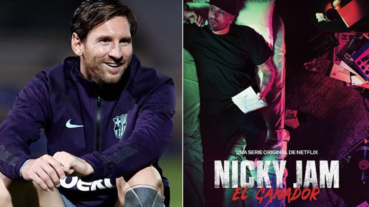 Imágenes de Lionel Messi sonriendo durante un entrenamiento y del cartel de la serie de Netflix sobre Nicky Jam, "Nicky Jam: El Ganador". Fotos Instagram