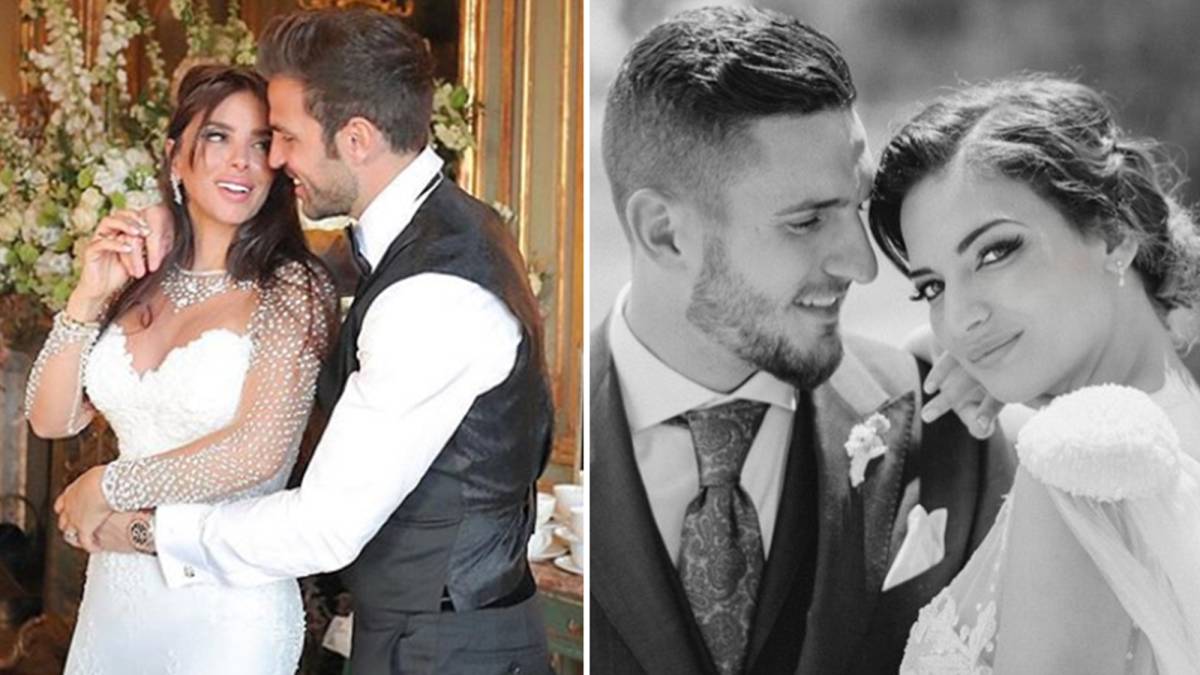 Imágenes de Cesc Fàbregas y de Koke Resurección el día de sus bodas con sus respectivas parejas, Daniella Semaan y Beatriz Espejel. Fotos Instagram