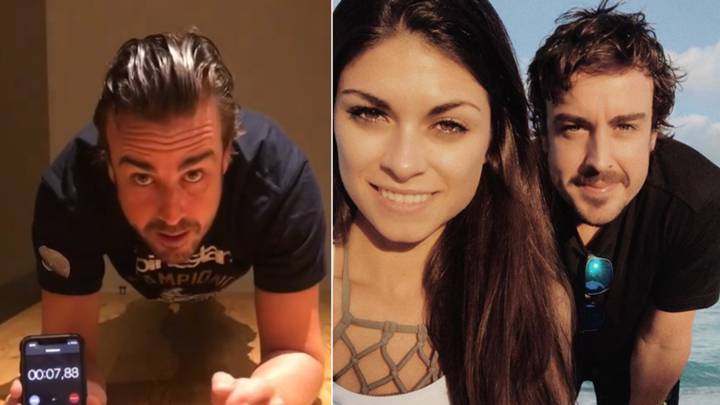 Imágenes del piloto español Fernando Alonso haciendo el reto 'The Plankas Challenge' lanzando por su novia, la modelo italiana Linda Morselli, y de los dos posando. Fotos Instagram