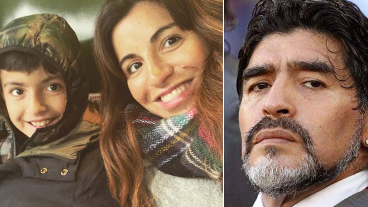 Imágenes de Gianinna Maradona con su hijo Benjamín y de Diego Armando Maradona. Fotos Instagram/Facebook