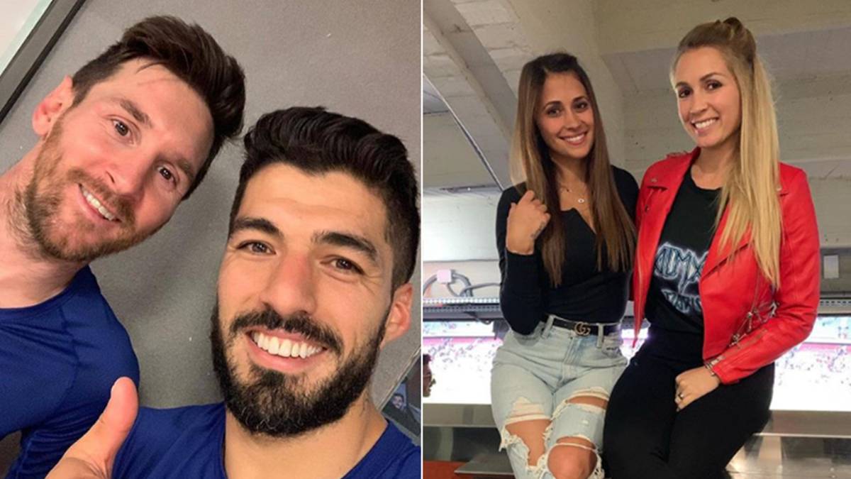 Imágenes de Leo Messi con Luis Suárez tras la victoria del Barça-Atlético (2-0) del 6 de abril del 2019 y de sus mujeres, Antonella Roccuzzo y Sofi Balbi, posando sonrientes en la grada del Camp Nou tras este partido. Fotos Instagram