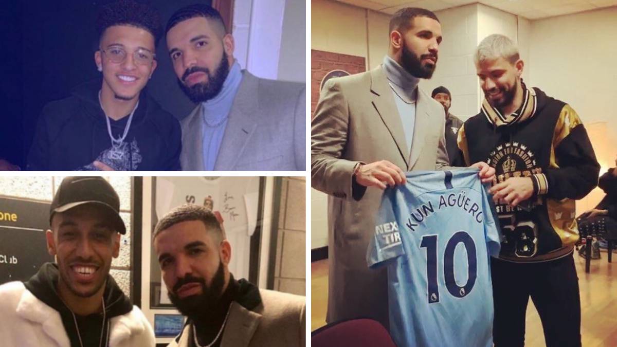 El rapero Drake, posando con Jadon Sancho, Pierre-emerick Aubameyang y Sergio Agüero.