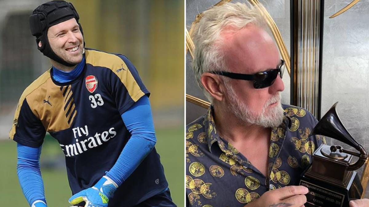 Imágenes de Petr Cech sonriendo durante un entrenamiento con el Arsenal y del batería de Queen, Roger Taylor, con un Grammy. Fotos Instagram