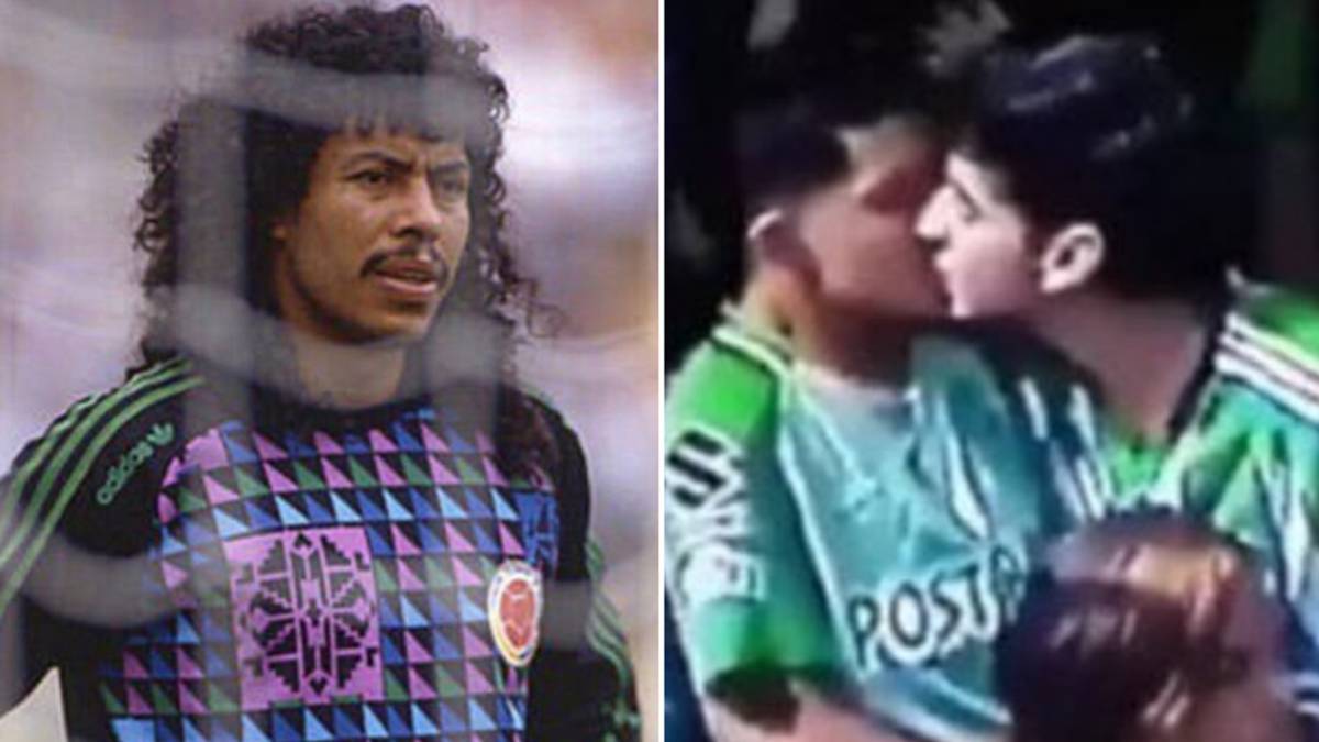 Imágenes de René Higuita defendiendo la portería de Colombia en sus tiempos como futbolista y de una pareja homosexual, aficionados del Atlético Nacional, besándose durante un partido en una foto que se convirtió en viral y que provocó que el mítico exportero les defendiera. Fotos Instagram/Twitter