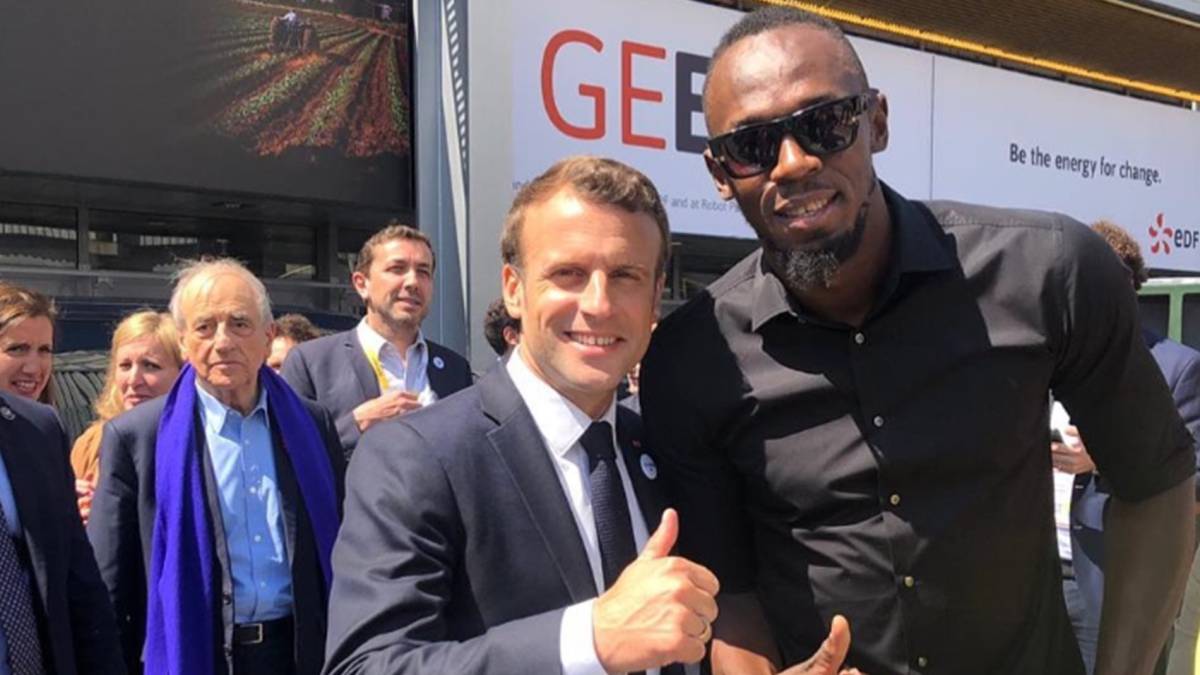 Usain Bolt y Emmanuel Macron posando juntos y muy sonrientes el 16 de mayo del 2019 en París. Foto Instagram @usainbolt