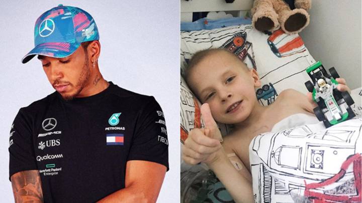 Imágenes de Lewis Hamilton posando cabizbajo y de Harry Shaw, el niño de 5 años que inspiró al piloto a ganar el GP de España y al que le envió un coche de F1 con el premio, antes de que falleciera de cáncer. Fotos Instagram