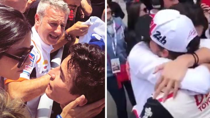Lucía Rivera y Linda Morselli en el momento de encontrarse con Marc Márquez y con Fernando Alonso tras sus victorias en el GP de Catalunya y en las 24 horas de Le Mans el 16 de junio de 2019. Fotos Instagram