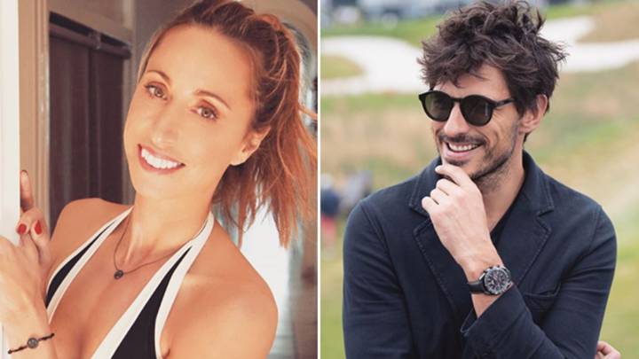 Imágenes de la exnadadora Gemma Mengual posando apoyada en una puerta en bañador y del modelo Andrés Velencoso sonriendo. Fotos Instagram