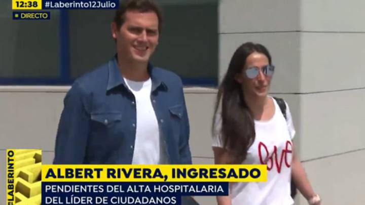 Albert Rivera abandonando el Hospital Universitario HM Puerta del Sur de Móstoles (Madrid) el 12 de julio de 2019, tras dos días ingresado por una gastroenteritis aguda, acompañado de Malú. Foto: Captura Antena 3
